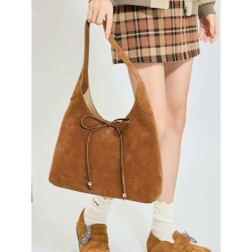 4681 Bow Tie Suede Hobo Bags Large Shoulder Bag Handbags Chic Purse Satchel - Picture 2 of 7